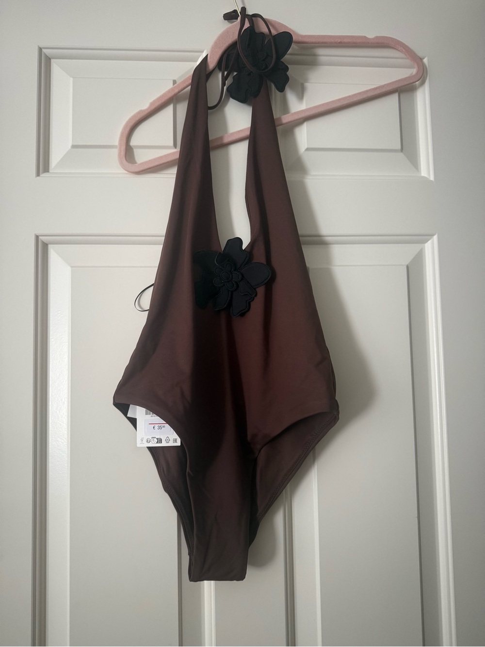 Zara Brown One-Piece Swimsuit with Black Floral Accent